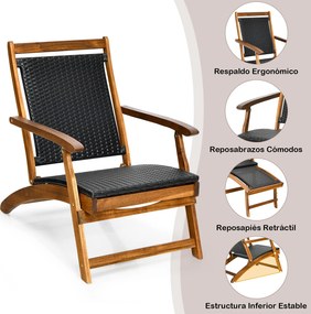 Espreguiçadeira dobrável 2 em 1 em rattan PE e madeira de acácia, com apoio para os pés retrátil, encosto e braços, para pátio, jardim e piscina Natur