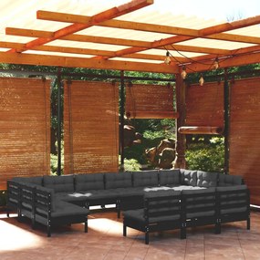 vidaXL 14 pcs conjunto lounge jardim c/ almofadões pinho maciço preto