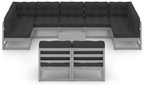 10 pcs conj. lounge de jardim + almofadões pinho maciço cinza