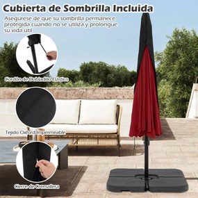 Conjunto de guarda-sol cantilever de 305 cm com inclinação de 0 a 35°, manivela, 8 varas, capa e base recheável com água/areia de 128 kg, vermelho