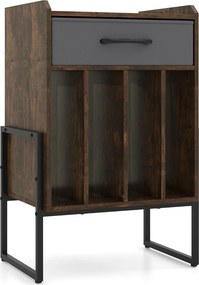 Móvel para gira-discos 45 x 32,5 x 68,5 cm com gaveta em tecido e prateleiras abertas em metal para discos de vinil; ideal para sala de estar, quarto