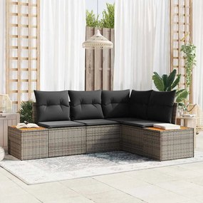 vidaXL Conjunto de Sofá de Jardim com 4 Peças e Almofadas de Polirattan Cinza e Acácia