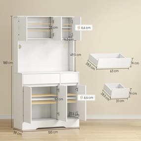 Armário de cozinha 100 x 38 x 180 cm com iluminação LED RGB, bancada, 6 portas, 2 gavetas, branco