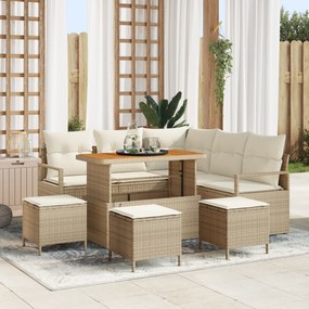 Conjunto de Sofá de Jardim vidaXL 9 Peças com Almofadas Bege Rattan Poliéster Acácia