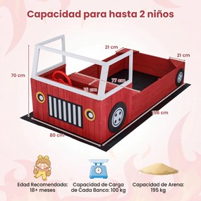 Caixa de areia infantil em madeira de abeto, em forma de camião dos bombeiros 156 x 80 x 70 cm, com banco, volante giratório, 2 assentos e tapete, , v