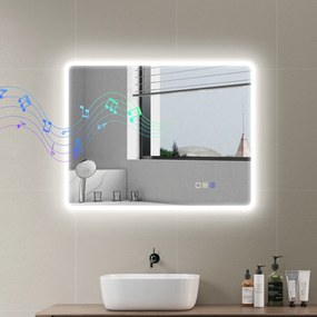 Espelho de casa de banho LED com Bluetooth, 70 x 90 cm, interruptor tátil, iluminação regulável, 3 cores, antiembaciamento, memória, prateado