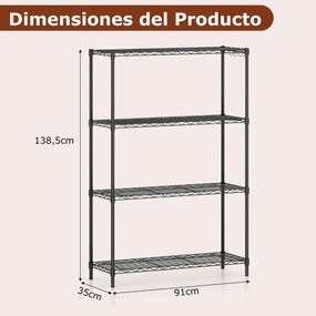 Estante metálica ajustável 91 x 35 x 138,5 cm de 4 níveis com grelha de arame com capacidade para 452 kg para casa, cozinha, garagem, escritório Preta