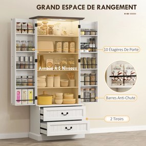 Armário alto de cozinha76 x 39,5 x 183 cm iluminação LED com sensor, 2 portas, gavetas e prateleiras ajustáveis, branco