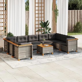 10 pcs conjunto sofás de jardim c/ almofadões vime PE cinzento