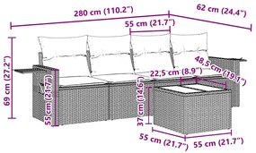5 pcs conj. sofás jardim c/ almofadões vime PE cinzento-claro