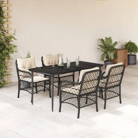5 pcs conjunto de jantar p/ jardim c/ almofadões vime PE preto