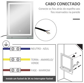 Espelho para Casa de Banho 50x70 cm com Moldura de Alumínio, Luzes LED Interruptor Tátil e Prateleira de Vidro para Casa de Banho Prata