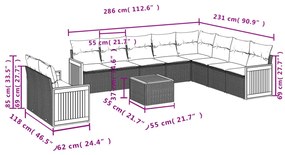 11 pcs conjunto sofás de jardim c/ almofadões vime PE preto