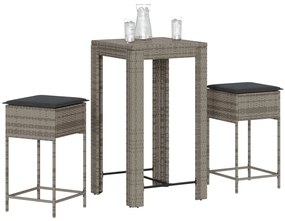 3 pcs conjunto de bar p/ jardim c/ almofadões vime PE cinzento