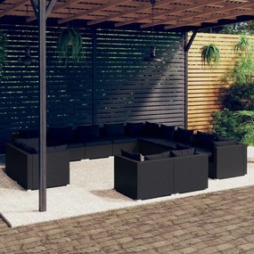 vidaXL 13 pcs conjunto lounge de jardim c/ almofadões vime PE preto