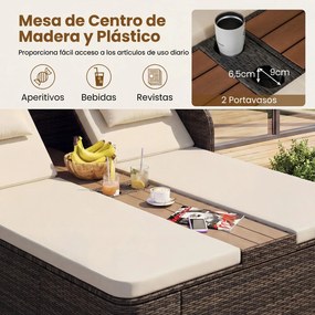 Cama de rattan jardim dupla com toldo retrátil 203 x 159 x 141 cm, encostos ajustáveis e mesa central com porta-copos para jardim, piscina e terraço c