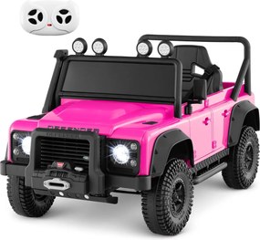 Jipe Land Rover Defender elétrico infantil 12V com comando à distância, suspensão completa, faróis e música para idades entre 3 e 8 anos, Rosa