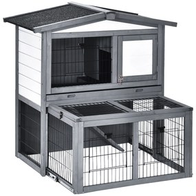 PawHut Coelheira de Exterior de Madeira de 2 Níveis Gaiola para Coelhos e Animais Pequenos com Teto Asfástico Zona Aberta Bandeja Removível e Rampa 101,5x90x100cm Cinza