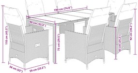 7 pcs conjunto de jantar p/ jardim c/ almofadões vime PE preto
