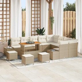 vidaXL Conjunto de Sofá de Jardim com 13 Peças e Almofadas em Bege, Rattan Sintético e Acácia.