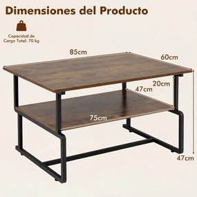 Mesa de Centro Industrial, 85 x 60 x 47 cm, Estante Inferior de Armazenamento, Castanho rústico + Preto