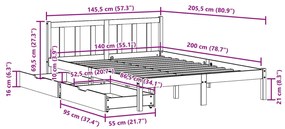 Cama sem colchão 140x200 cm madeira pinho maciça castanho-mel