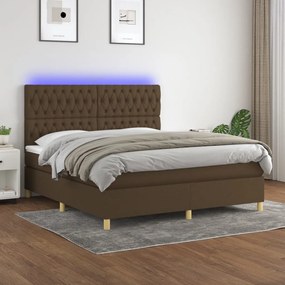 Cama box spring c/ colchão/LED 160x200cm tecido castanho-escuro