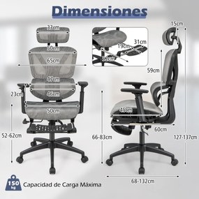 Cadeira de escritório em rede com encosto inclinável a 90°-120°, apoio lombar, apoio para os pés retrátil e assento para computador Cinzento