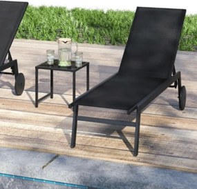 Conjunto de Espreguiçadeira jardim e Mesa de vidro temperado com Encosto ajustável com Rodas para jardim e exterior Preto