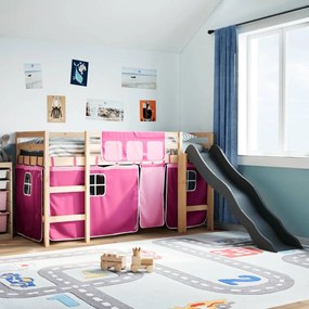 vidaXL Cama alta p/ criança c/ cortinas 90x190 cm pinho maciço rosa