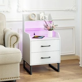 Mesa de cabeceira com estação de carregamento integrada, luzes LED, 2 gavetas e prateleira aberta para quarto, corredor ou sala, branca
