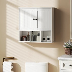 Armário de parede para casa de banho, móvel de arrumação com 2 portas, prateleira ajustável e compartimentos abertos, branco