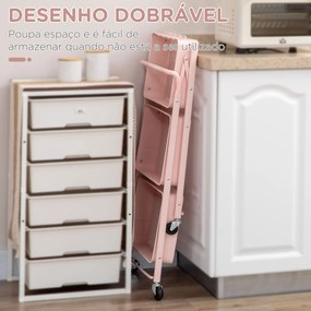 Carrinho Auxiliar com Rodas Dobrável Carrinho de Armazenamento de 3 Níveis com 4 Ganchos para Casa de Banho Cozinha Sala de Estar 43x31x89cm Rosa