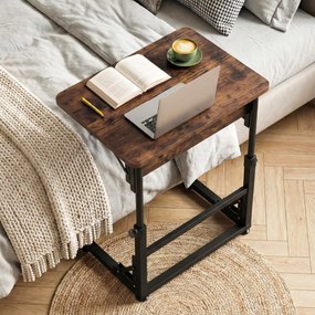 Mesa auxiliar dobrável em forma de C com altura ajustável 59,5 x 39 x 51-66 cm, estrutura metálica, para sala ou quarto, castanho rústico