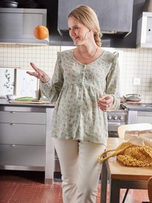 Blusa em gaze de algodão, especial gravidez e amamentação verde-água