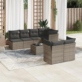 8 pcs conjunto sofás de jardim c/ almofadões vime PE cinzento