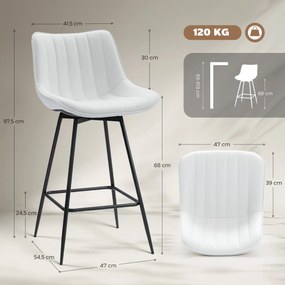 Conjunto de 2 Bancos de Bar Giratórios com Encosto Curvado e Apoio para os Pés Estofados em PU 47x54,5x97,5 cm Branco