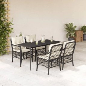 5 pcs conjunto de jantar p/ jardim c/ almofadões vime PE preto