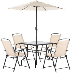 Outsunny Conjunto de Jardim Refeição com 4 Cadeiras Dobráveis Mesa e Chapéu de Sol Inclinável 80x80x70cm Bege | Aosom Portugal