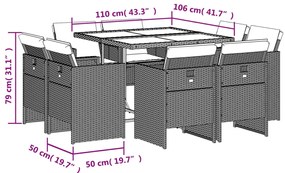 9 pcs conjunto de jantar p/ jardim c/ almofadões vime PE cinza