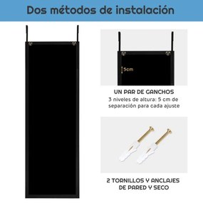 Espelho de corpo inteiro de parede com ganchos para porta Quarto Quarto Sala Vestiário 120 x 37 cm Preto