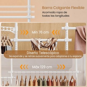 Cabideiro de Roupa 139-244 x 110-315 cm , Estrutura de Pé com 4 Barras Extensíveis, Branco