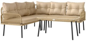 Conjunto de Jardim de Vime Sintético de 4 Peças Inclui 2 Sofás de 2 Lugares 1 Canto de Sofá 1 Mesa de Centro Madeira e Bege