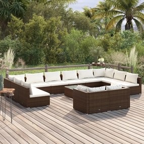 vidaXL 13 pcs conjunto lounge jardim c/ almofadões vime PE castanho