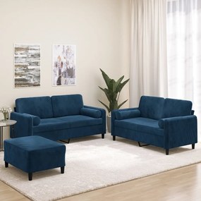 vidaXL 3 pcs conjunto sofás c/ almofadas/almofadões veludo azul