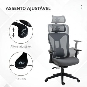 Cadeira de Escritório em Malha com Apoio de Cabeça Ajustável Apoio Lombar e Apoios de Braços 3D 70x66x128 cm Cinza