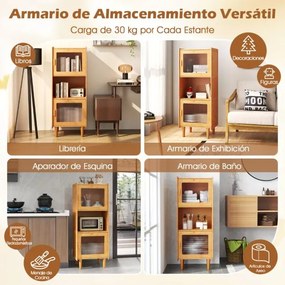 Estante de cozinha em bambu 49,5 x 40 x 130 cm com 3 cubos e compartimento aberto 2 portas em acrílico natural