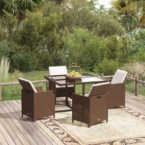 vidaXL 5 pcs conjunto jantar p/ jardim c/ almofadões vime PE castanho