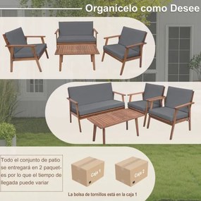 Conjunto de móveis de jardim de 4 peças em madeira de acácia com 1 mesa de centro, 2 cadeiras e 1 sofá para pátio, terraço ou varanda, cinza