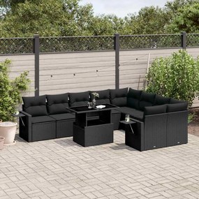 10 pcs conjunto sofás de jardim c/ almofadões vime PE preto